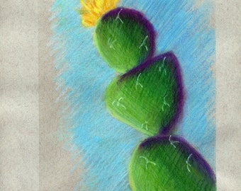 Flowering cactus mixed media drawing 9x12, hand drawn southwestern wall art, pink flowering cactus artwork, succulent soft pastel drawing