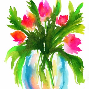 花瓶に入ったチューリップのオリジナル植物水彩画、9x12 手描きの花の壁アート