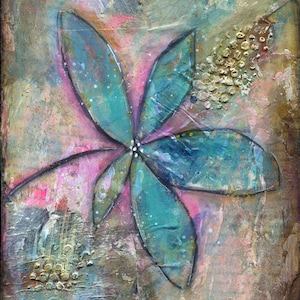 Blue abstract flower garden hand painted mixed media painting on canvas panel 8x10, original art acrylic and watercolor Painting