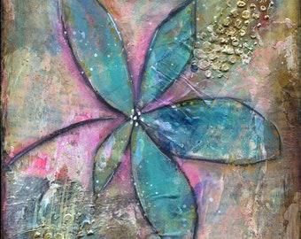 Blue abstract flower garden hand painted mixed media painting on canvas panel 8x10, original art acrylic and watercolor Painting