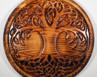 Tree of life 3d wood carving, yew tree wood carving, cnc router cut, brown mahogany stain