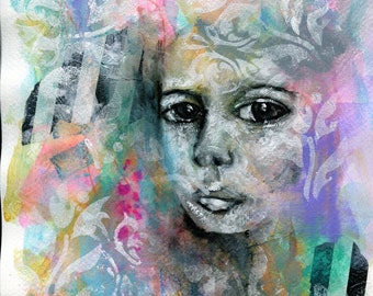 Expressive female portrait mixed media on paper 9x12, hand painted portrait of a woman watercolor, funky wall decor