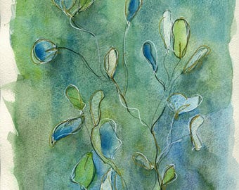 Eucalyptus watercolor painting 9x12, line and wash botanical hand painted wall art, blue and green watercolor plant