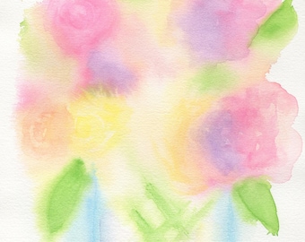 Flowers hand painted watercolor painting on paper 9x12, flowers in a water filled vase original artwork, botanical farmhouse style wall art