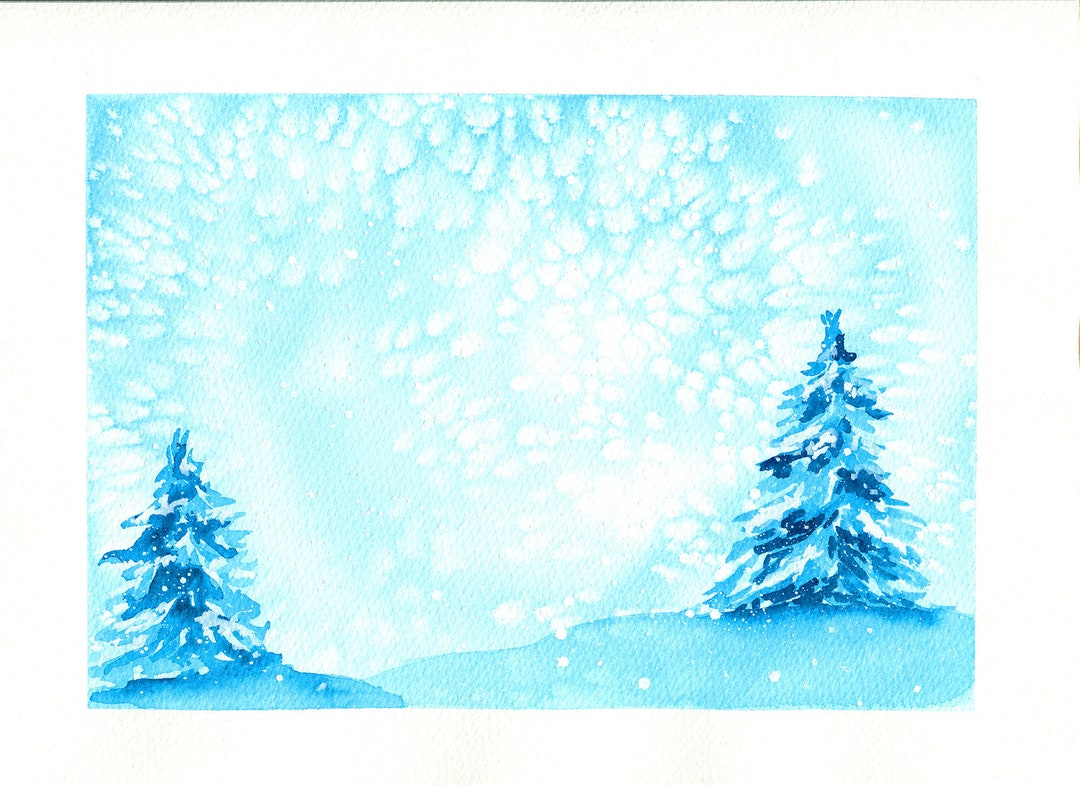 Pine Tree Forest in a Winter Snowstorm Hand Painted Watercolor Painting ...