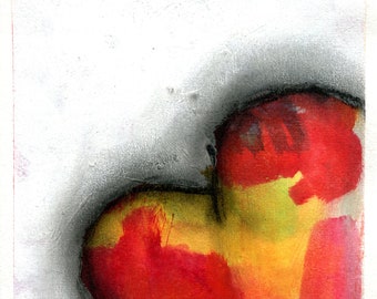 Expressive heart art watercolor and acrylic painting on paper 6x9, original mixed media abstract painting