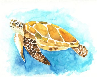 Sea turtle hand painted watercolor painting 9x12, under the sea nursery art, original watercolor painting