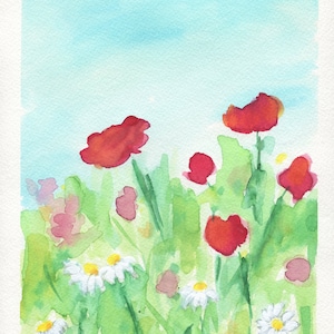 Poppy field original watercolor painting 9x12, spring bloom gallery wall art, modern floral home decor