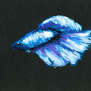 Original Betta Fisch Acrylbild in blau, lila, weiß auf schwarzem Papier, Aquarium, Wanddeko