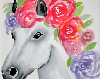 Horse with flower mane watercolor painting, whimsical horse wall art, original watercolor painting