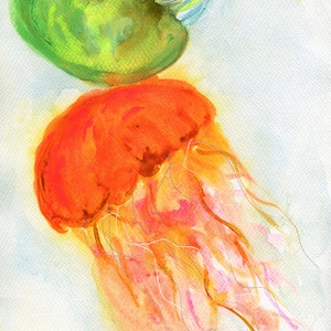 Jellyfish watercolor and acrylic painting 9x12, under the sea art, hand painted original artwork not a print