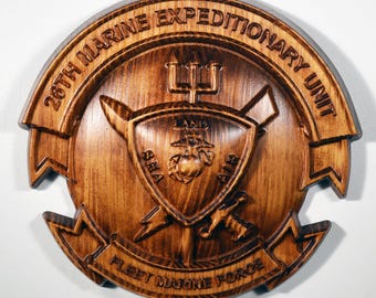 USMC 26th Marine Expeditionary Unit, 12" 3d wood carving, military plaque