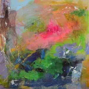 Abstract mixed media on canvas 10x10, bright neon pink and green accent eclectic wall art