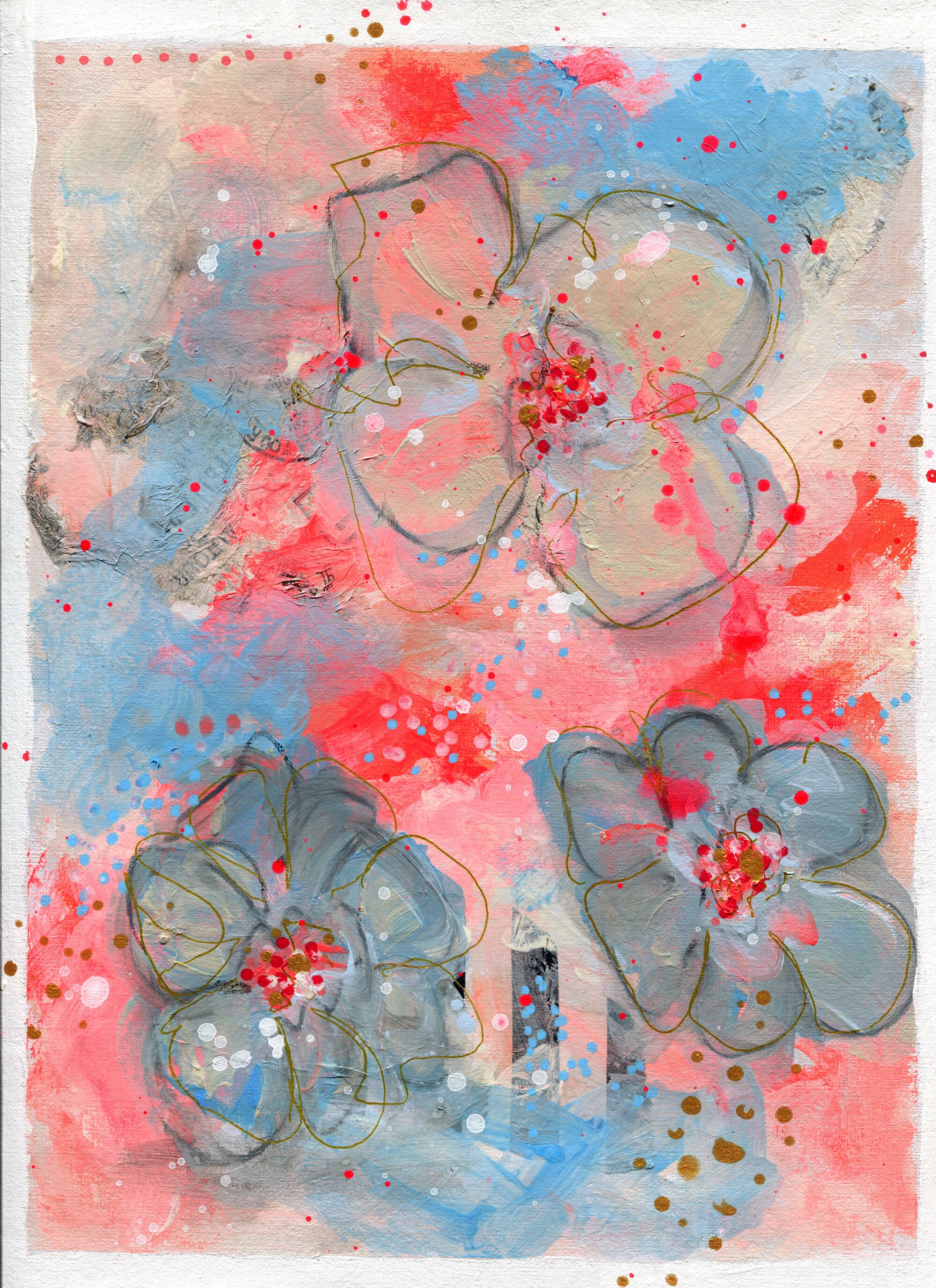Unique mixed media flower graffiti art paper 9x12 with urban chic design