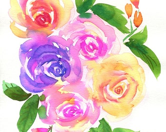Pink rose hand painted watercolor painting 8x10, multicolor flower bouquet wall art, spring botanical original wall art