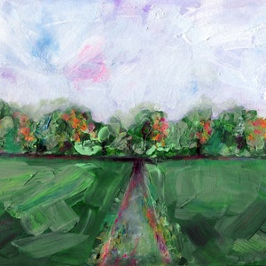 Paisaje impresionista pintura original 9x12, pintura acrílica de camino de campo verde, primavera y verano, paisaje de bosque de otoño