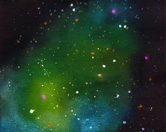 Green and blue galaxy watercolor painting 9x12, hand painted nebula original on paper, outer space wall art, celestial artwork