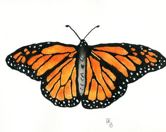 Monarch butterfly watercolor painting 9x12, original orange and black butterfly watercolor artwork