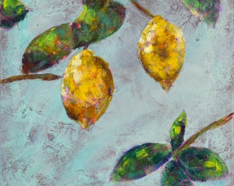 Peinture acrylique citron peinte à la main sur toile 14 x 14, peinture impressionnisme expressif, peinture originale pas une impression, art mural sur toile