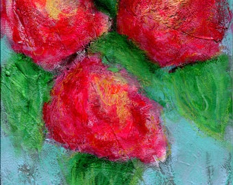Abstract hand painted red flowers painting on canvas board 8x10, original acrylic bright floral decor, floral home decor wall art