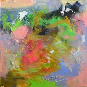 Abstract mixed media on canvas 10x10, bright neon green accent eclectic wall art