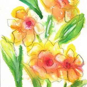 May include: Watercolor painting of a bouquet of yellow and orange flowers with green leaves. The flowers have a soft, watercolor look and are painted in a loose, expressive style.