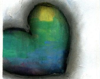 Expressive blue heart painting on paper 6x9, funky wall decor, original mixed media abstract painting