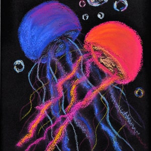 Jellyfish hand drawn pastel art 8x10, under the sea jellyfish pastel drawing, original artwork not a print