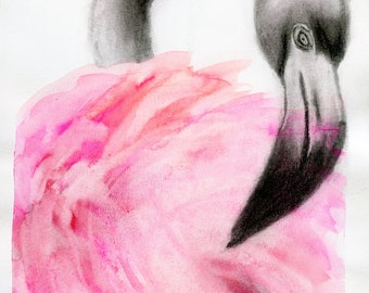 Pink flamingo art, hand painted charcoal and watercolor painting 9x12, flamingo wall art, original watercolor painting