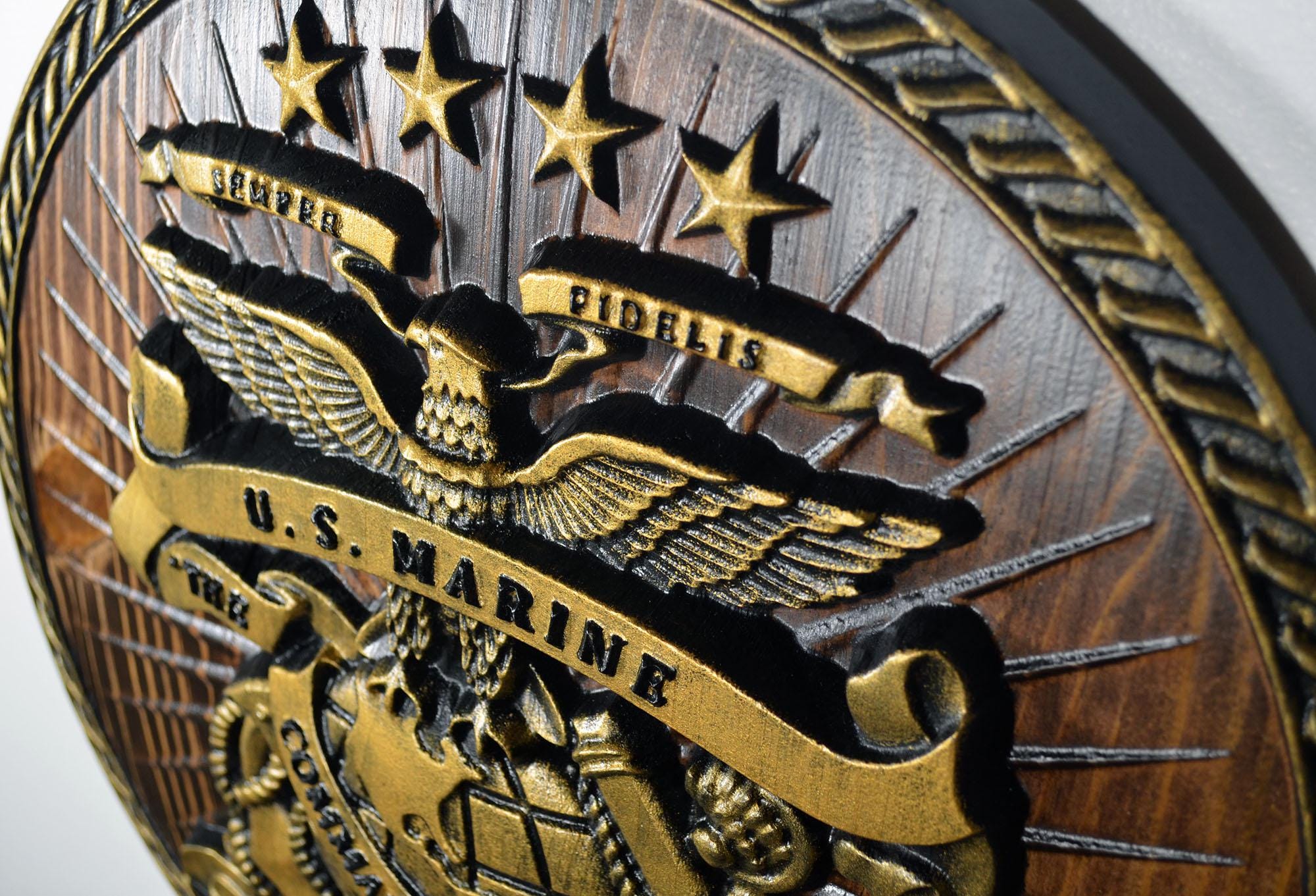 USMC Drum & Bugle Corps, Java Gold 3d Wood Carving, Military