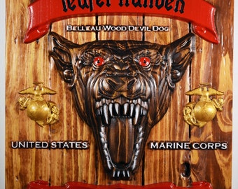USMC Devil Dog, CNC 3d Wood Carving, Teufel Hunden, Military Plaque