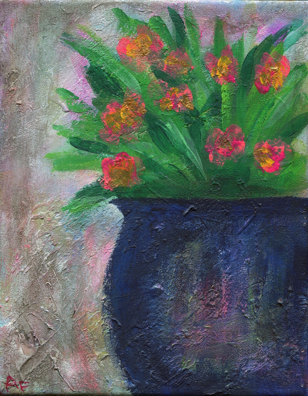 Vibrant Abstract Flowers in a Blue Vase 8x10, Original Painting on ...