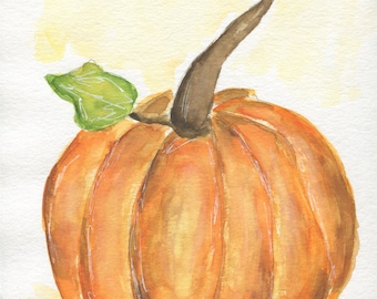 May include: A watercolor painting of an orange pumpkin with a green leaf and a brown stem.