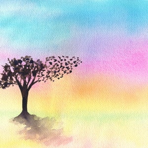 Boom en vogels in een regenbooghemel origineel aquarelschilderij 9 x 12, mystieke boommuurkunst