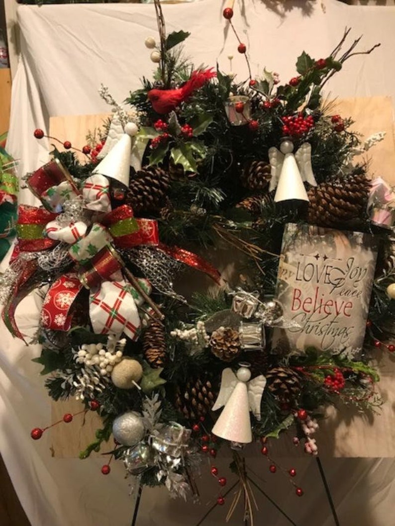 Door Decor Traiditional Wreath Cherful Wreath Redbird Wreath Evergreen Wreath Front DoorWreath Christmas Door Wreath Christmas Wreath