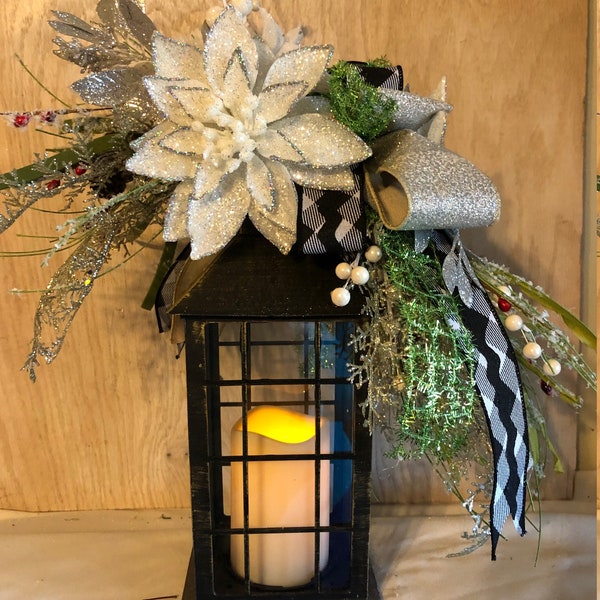 Christmas Lantern Centerpiece, White Centerpiece, Battery Operated Candle, Black Lantern Floral Arrangement, Tablescape, Hall Table Florals