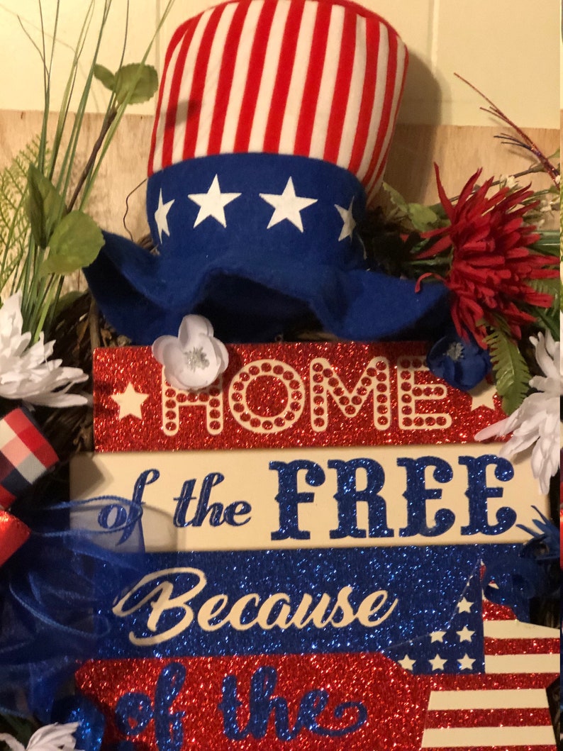 Red White Blue Independence Day Wreath July 4th Wreath Wooden Sign Celebration Grapevine Wreath Uncle Sam Wreath Front Door Wreath