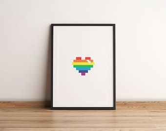 Gay Pride Love Rainbow Heart LGBTQ | 8 Bit | Digital Art Print | Downloadable Wall Art