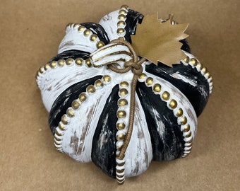 Hand Painted Pumpkin with Black and White Striped Medium Resin Painted Pumpkin Gold Detail, One of a Kind Pumpkin
