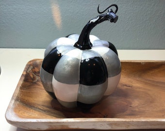 Hand Painted Pumpkin, Silver, Black and White Buffalo Plaid Pumpkin, Black Stem, Small Pumpkin