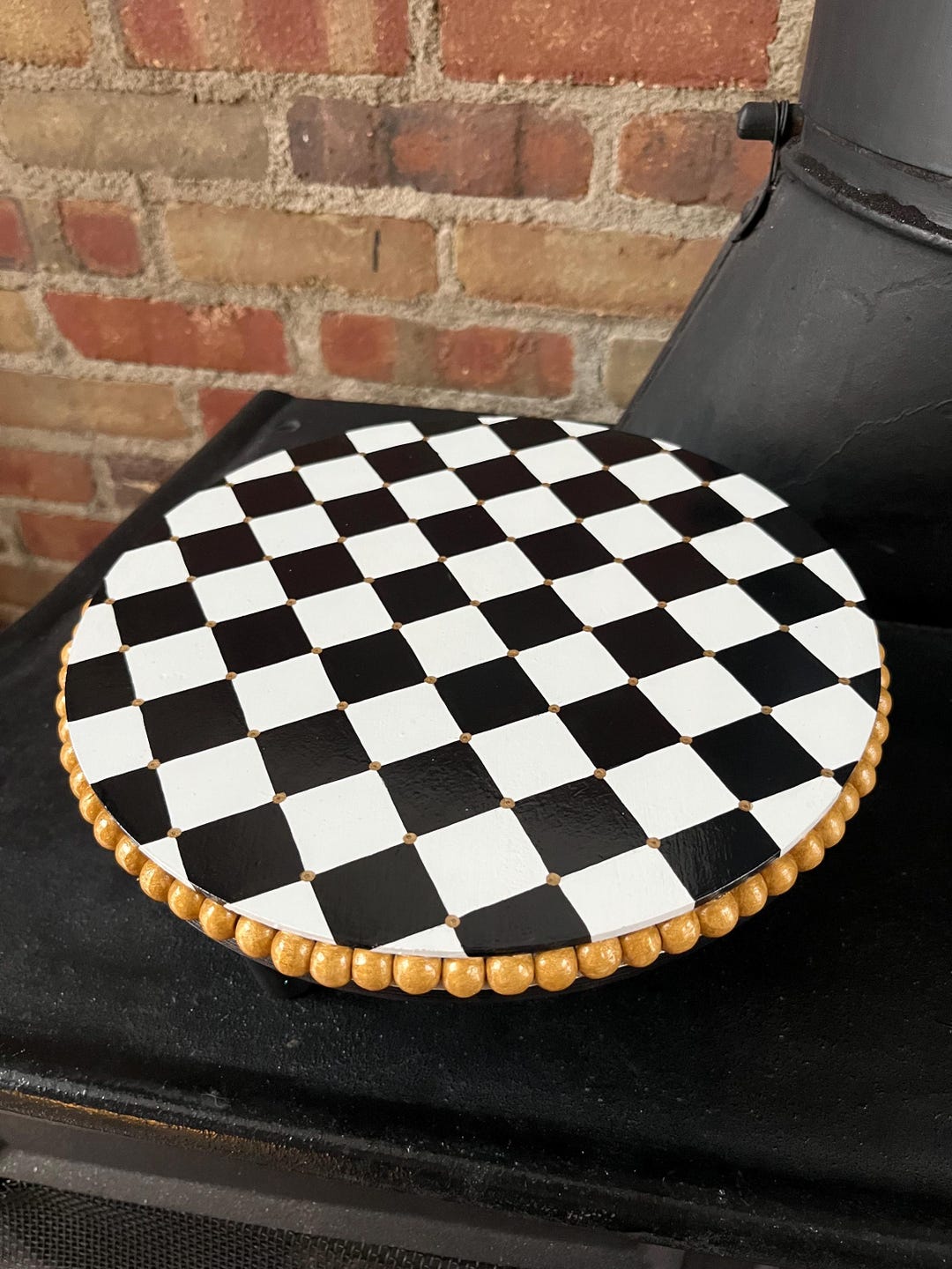 Hand Painted Wooden Riser: Black and White Check, Gold Bead Trim - Etsy