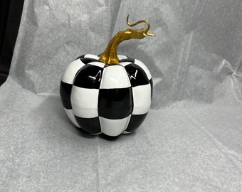 Hand Painted Pumpkin, Black and White Check Pumpkin, Gold Stem Small Pumpkin