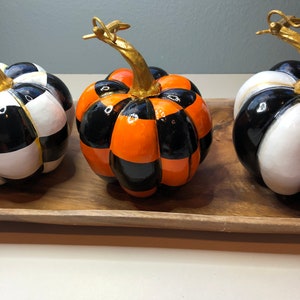 Hand Painted Pumpkin, Black and Orange Check Pumpkin, Gold Stem Small Pumpkin