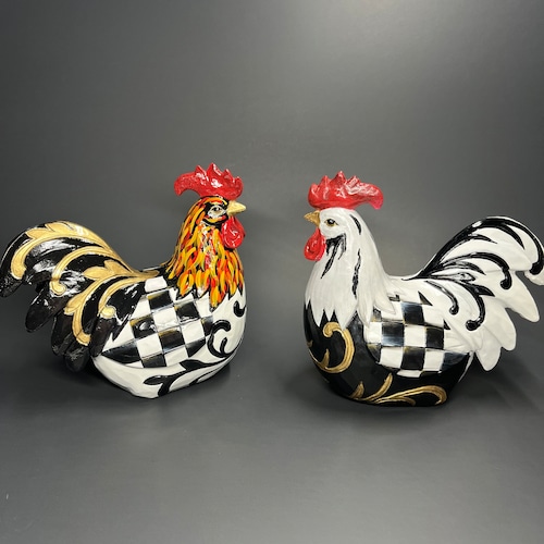 Hand Painted Resin Rooster: Whimsical Black and White Check with Gold Detail, 6" Tall