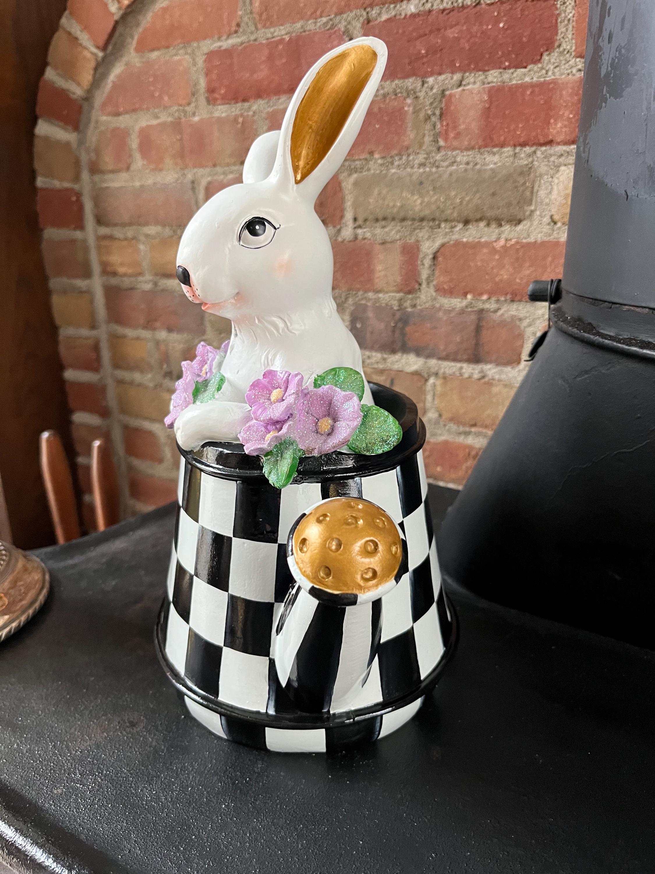 Bunny Rabbit Hand Painted Black and White Check Watering Can Purple ...
