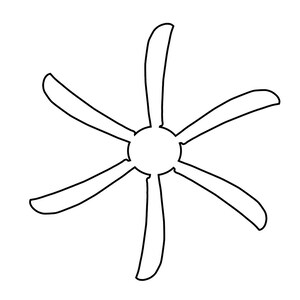 Può includere: Un disegno a tratto nero e bianco di una forma a stella a sei punte. Il design presenta sei petali curvi e allungati che si irradiano da un nucleo centrale circolare. Il contorno è pulito e semplice.