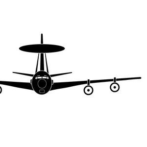 May include: Black and white silhouette of a plane with a radar dish on top. The plane is facing forward with the landing gear visible.