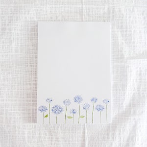 May include: A white card with a border of blue watercolor hydrangea flowers along the bottom.