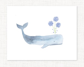 Hydrangea Whale Watercolor Print Folded Notecards