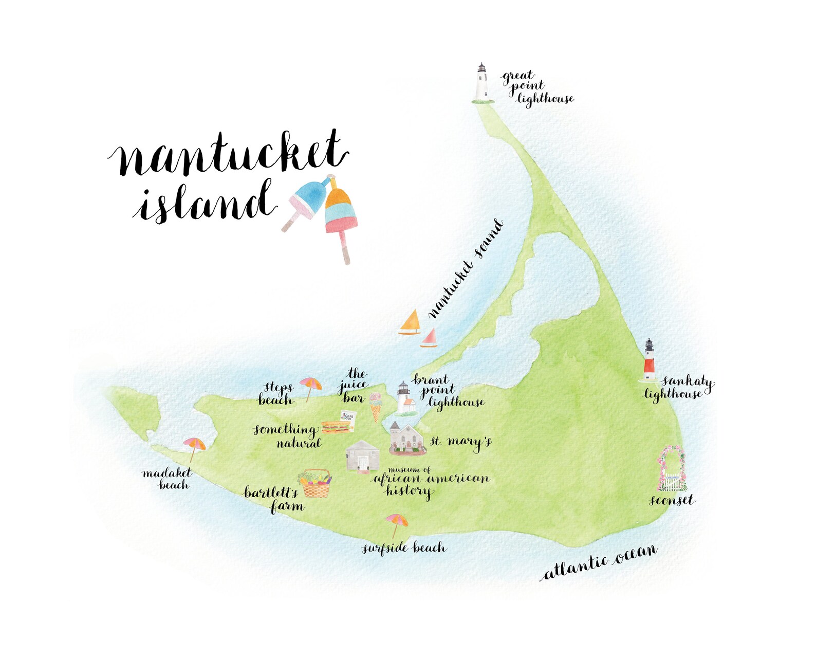 Nantucket Island Map Watercolor Print - Etsy